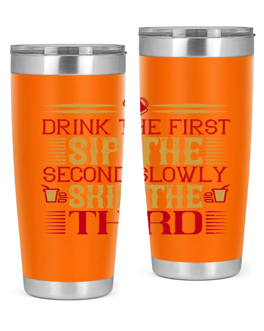 A stylish 20oz and 30oz stainless steel tumbler with a drink-thru lid, showcasing its sleek design and insulation features.