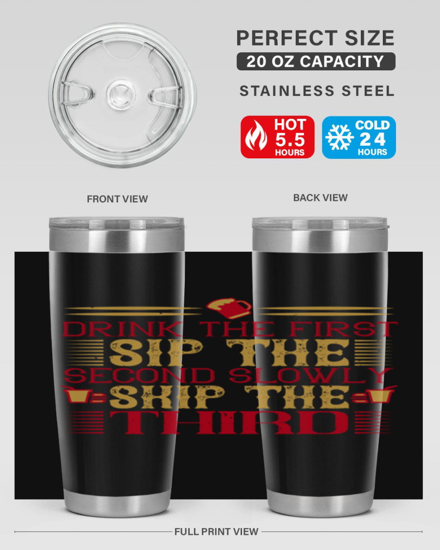 A stylish 20oz and 30oz stainless steel tumbler with a drink-thru lid, showcasing its sleek design and insulation features.