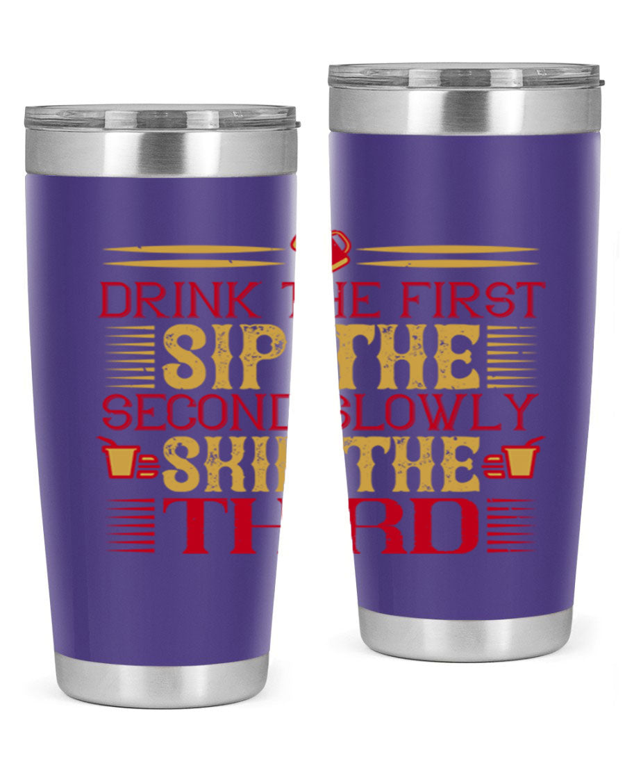 A stylish 20oz and 30oz stainless steel tumbler with a drink-thru lid, showcasing its sleek design and insulation features.