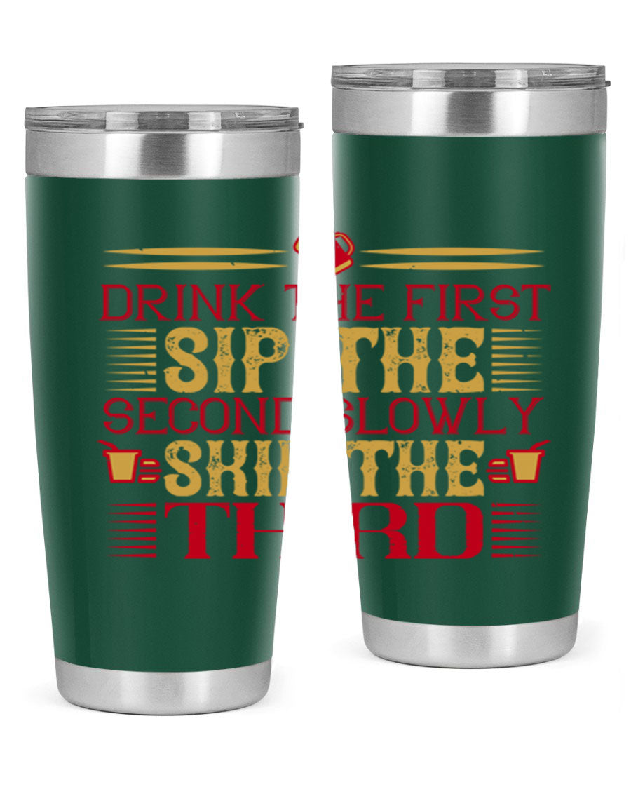 A stylish 20oz and 30oz stainless steel tumbler with a drink-thru lid, showcasing its sleek design and insulation features.