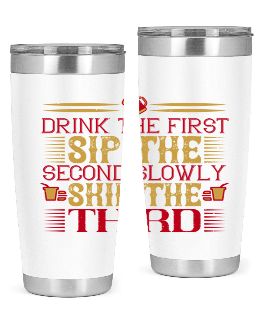A stylish 20oz and 30oz stainless steel tumbler with a drink-thru lid, showcasing its sleek design and insulation features.