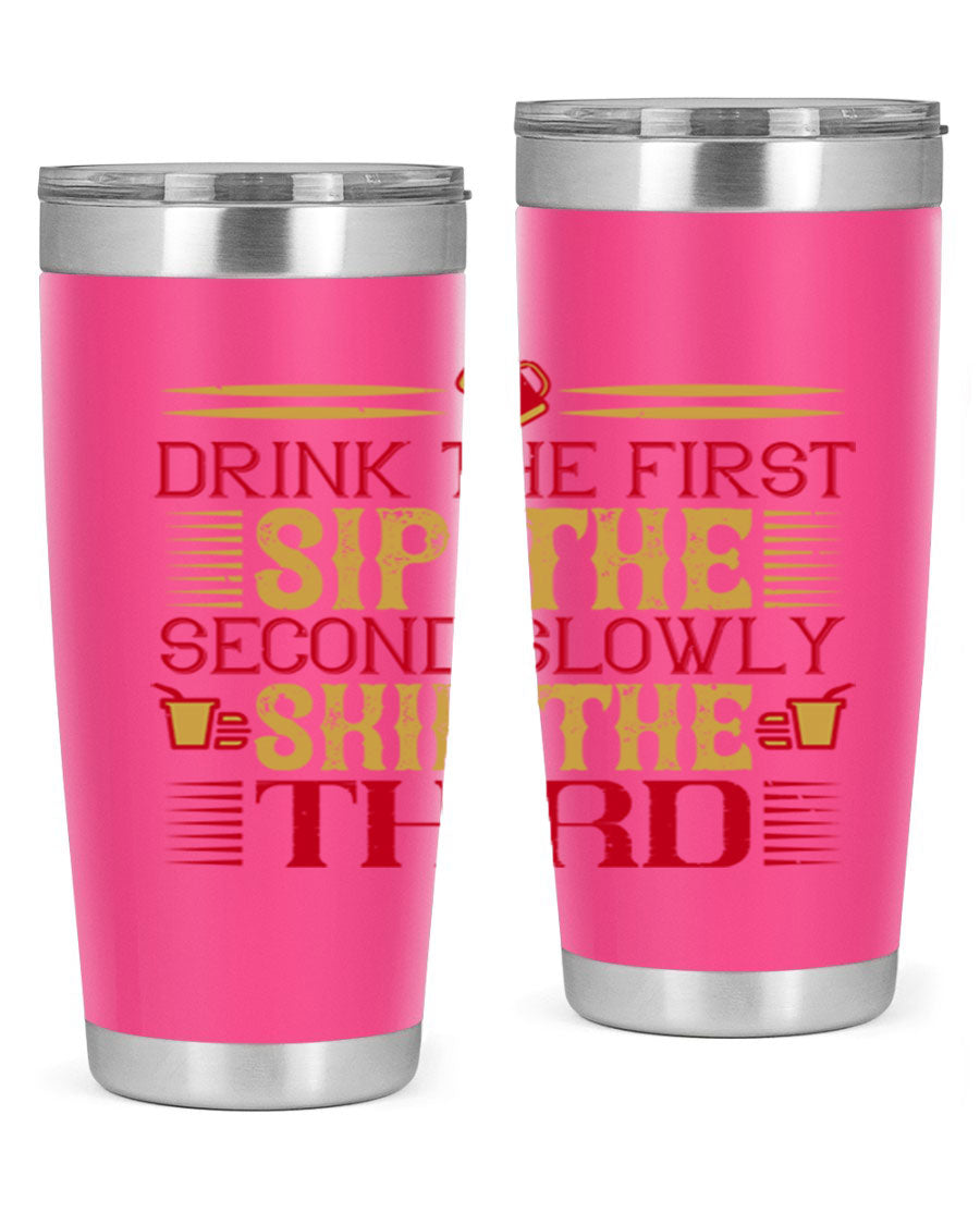 A stylish 20oz and 30oz stainless steel tumbler with a drink-thru lid, showcasing its sleek design and insulation features.