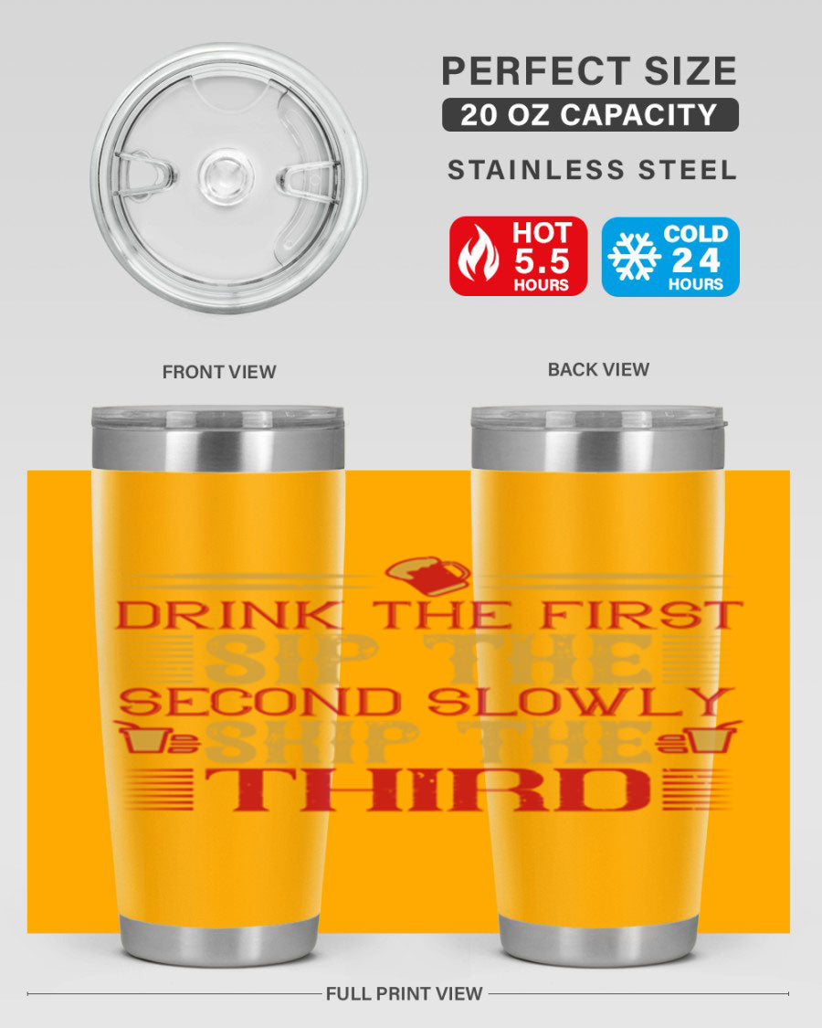 A stylish 20oz and 30oz stainless steel tumbler with a drink-thru lid, showcasing its sleek design and insulation features.