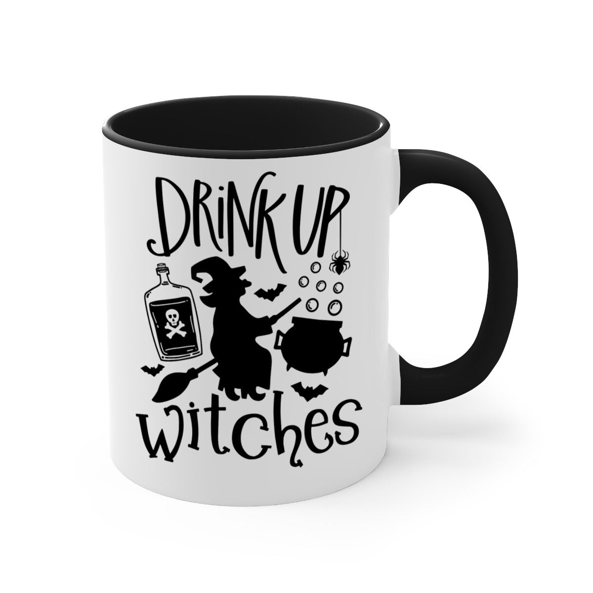 Drink Up Witches Halloween Mug with colorful handle and glossy finish, perfect for coffee and tea lovers.