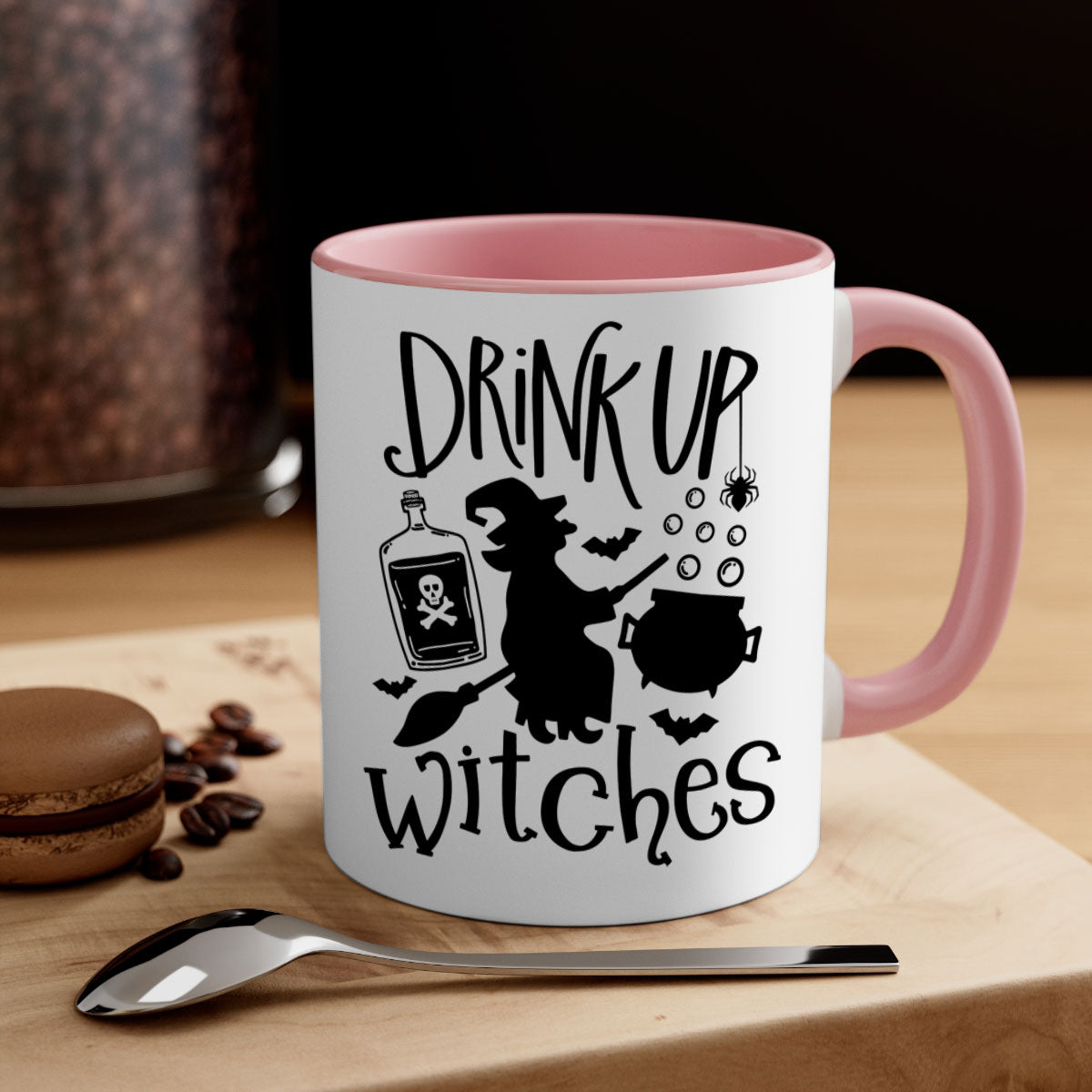 Drink Up Witches Halloween Mug with colorful handle and glossy finish, perfect for coffee and tea lovers.