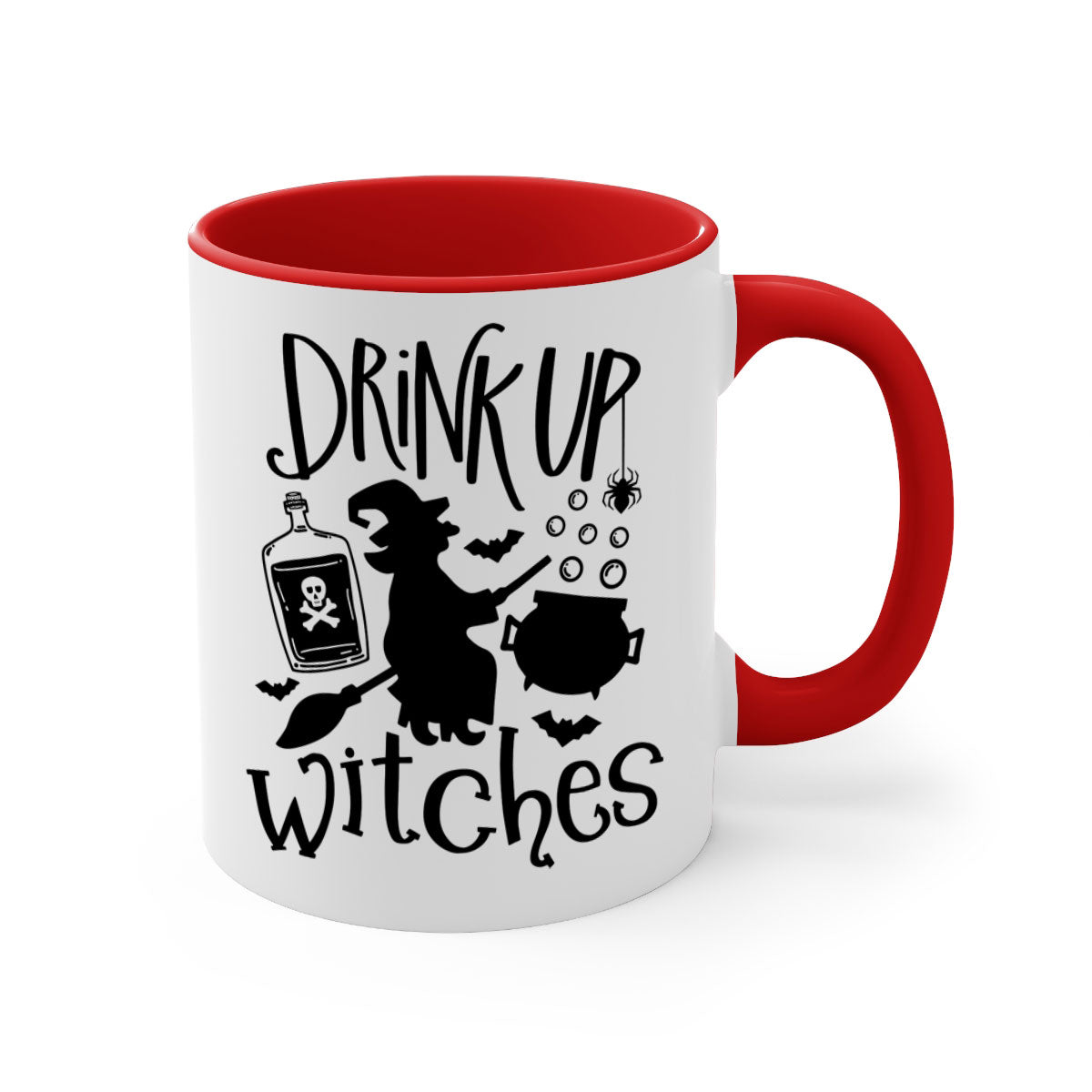 Drink Up Witches Halloween Mug with colorful handle and glossy finish, perfect for coffee and tea lovers.
