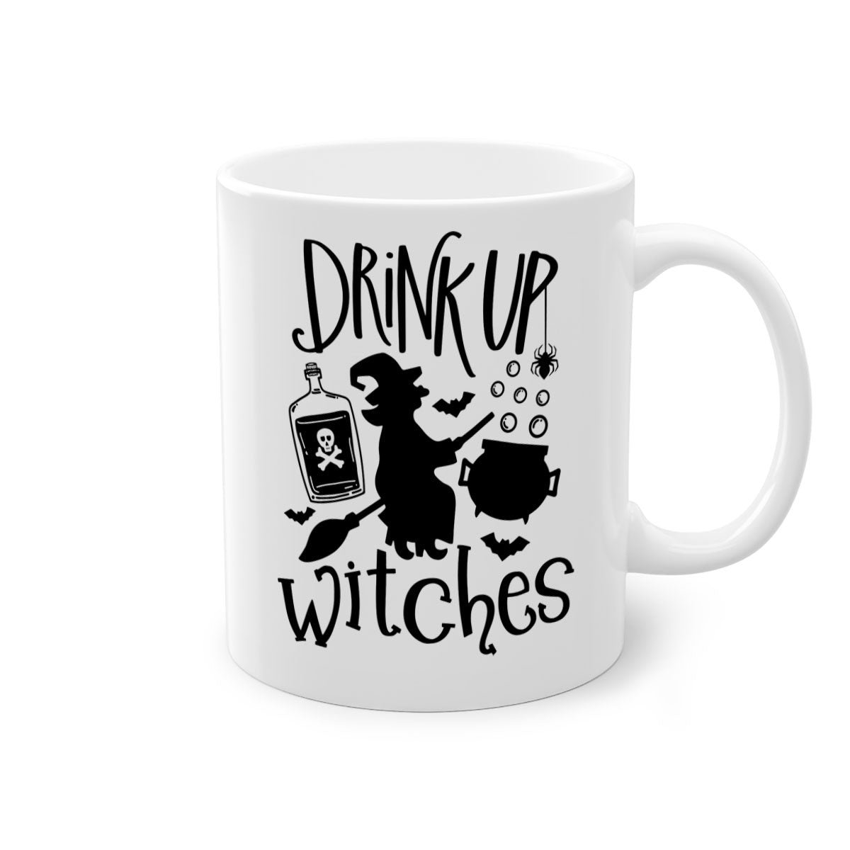 Drink Up Witches Halloween Mug with colorful handle and glossy finish, perfect for coffee and tea lovers.