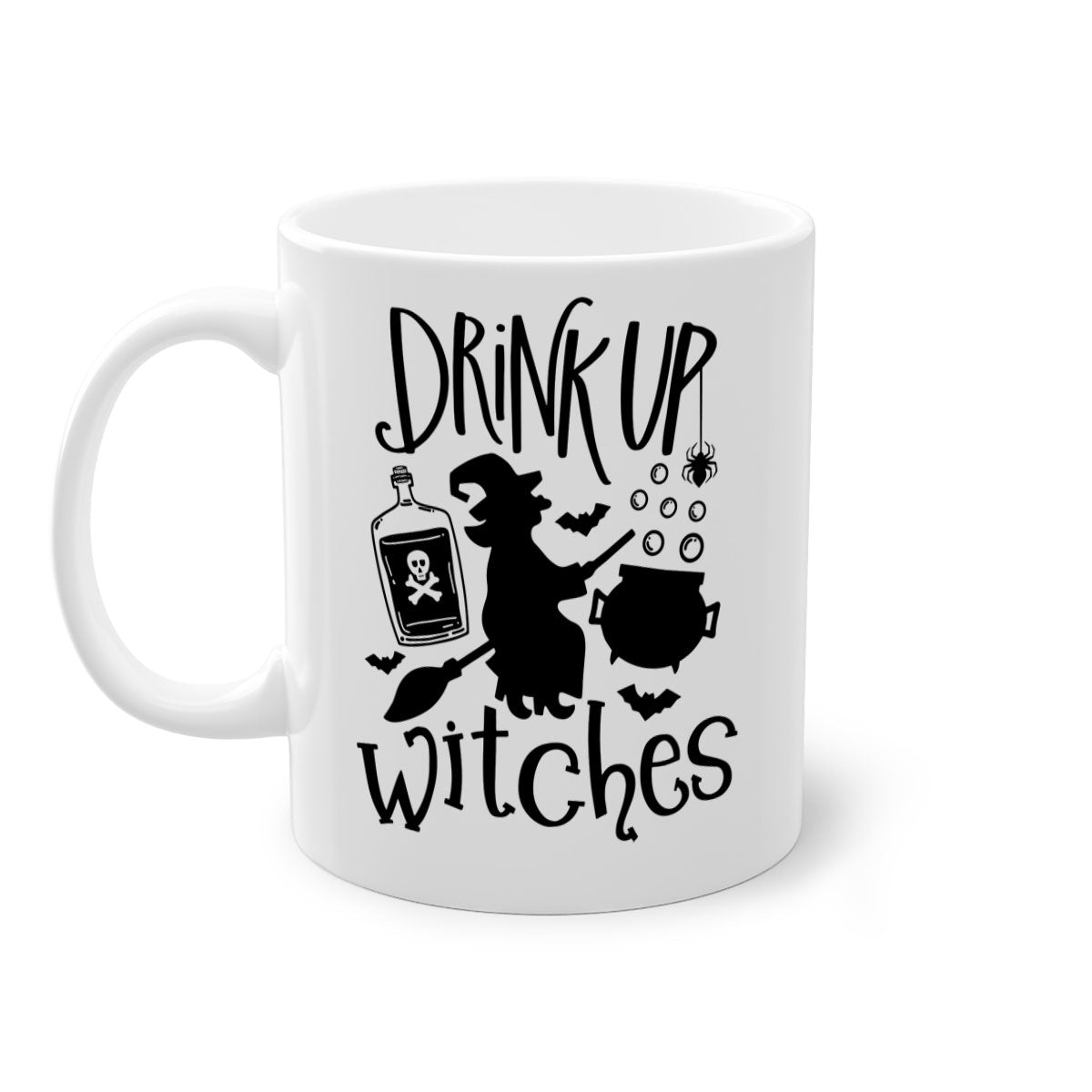 Drink Up Witches Halloween Mug with colorful handle and glossy finish, perfect for coffee and tea lovers.