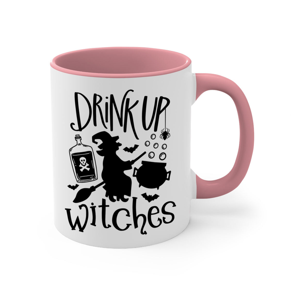 Drink Up Witches Halloween Mug with colorful handle and glossy finish, perfect for coffee and tea lovers.