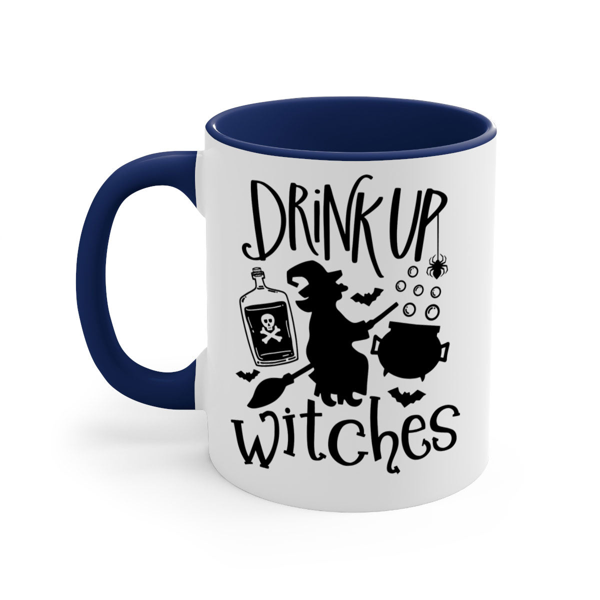 Drink Up Witches Halloween Mug with colorful handle and glossy finish, perfect for coffee and tea lovers.