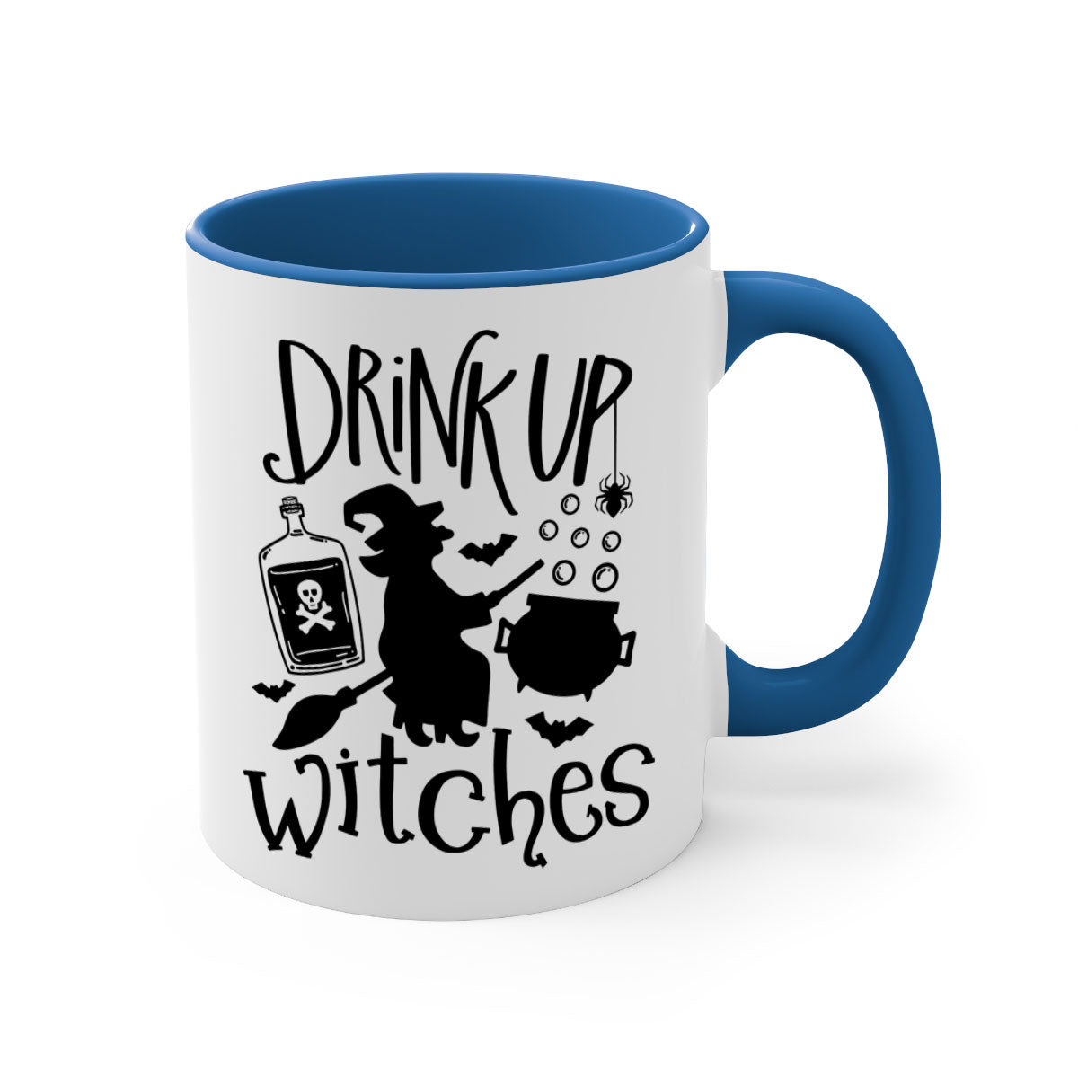 Drink Up Witches Halloween Mug with colorful handle and glossy finish, perfect for coffee and tea lovers.
