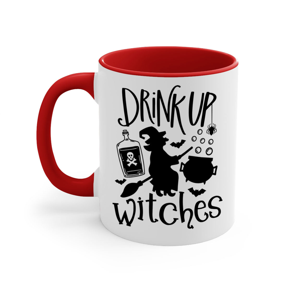 Drink Up Witches Halloween Mug with colorful handle and glossy finish, perfect for coffee and tea lovers.