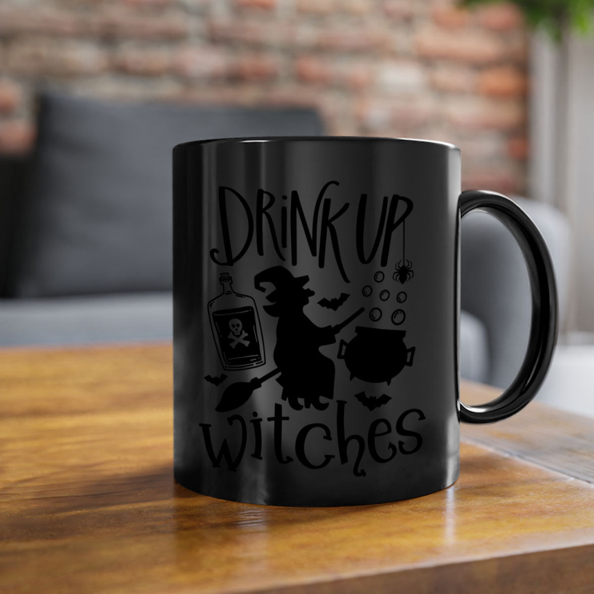 Drink Up Witches Halloween Mug with colorful handle and glossy finish, perfect for coffee and tea lovers.