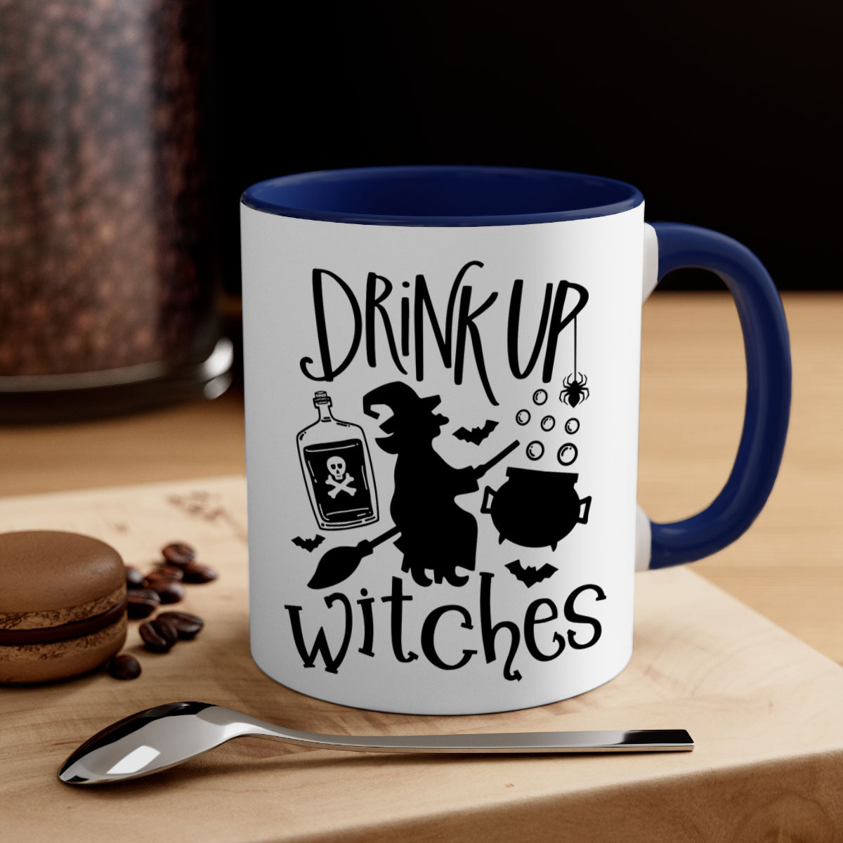 Drink Up Witches Halloween Mug with colorful handle and glossy finish, perfect for coffee and tea lovers.