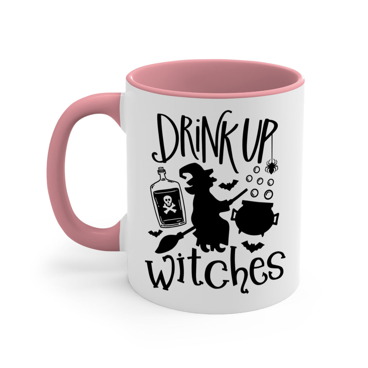 Drink Up Witches Halloween Mug with colorful handle and glossy finish, perfect for coffee and tea lovers.