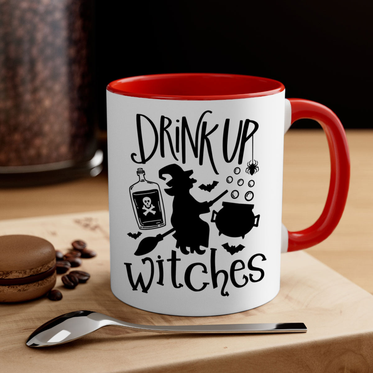 Drink Up Witches Halloween Mug with colorful handle and glossy finish, perfect for coffee and tea lovers.