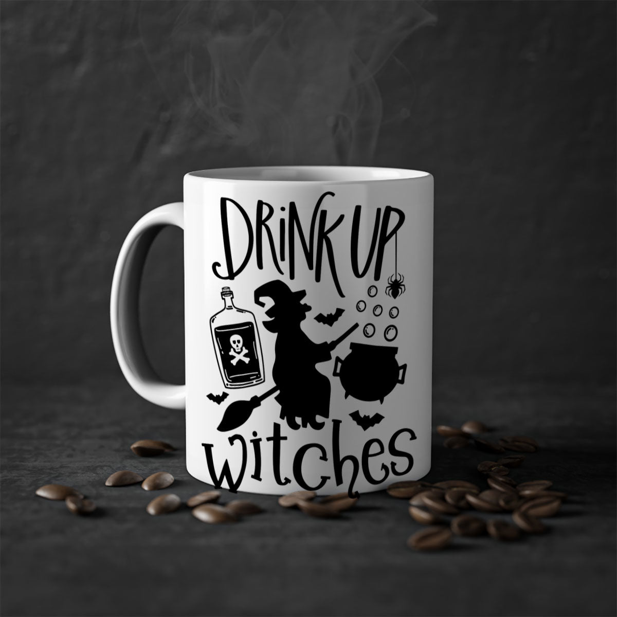 Drink Up Witches Halloween Mug with colorful handle and glossy finish, perfect for coffee and tea lovers.