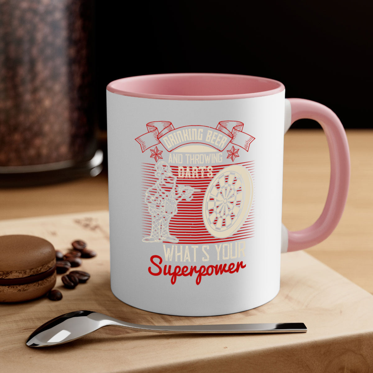 Ceramic mug with a glossy finish featuring a colorful handle and interior, designed for coffee, tea, and beer, showcasing a fun darts theme.