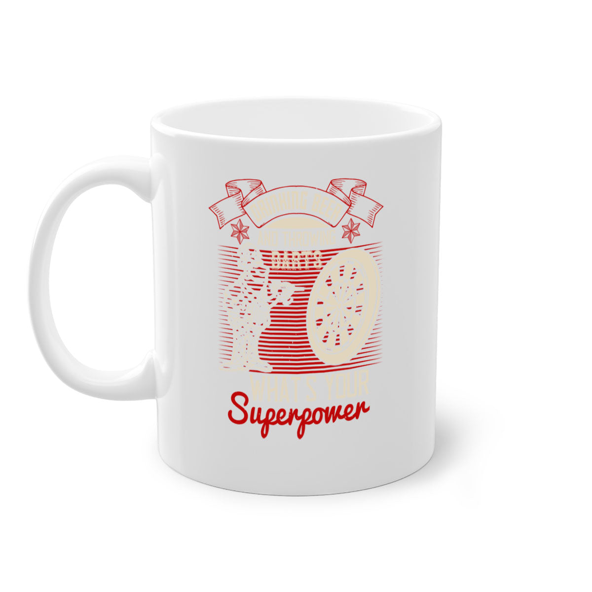 Ceramic mug with a glossy finish featuring a colorful handle and interior, designed for coffee, tea, and beer, showcasing a fun darts theme.