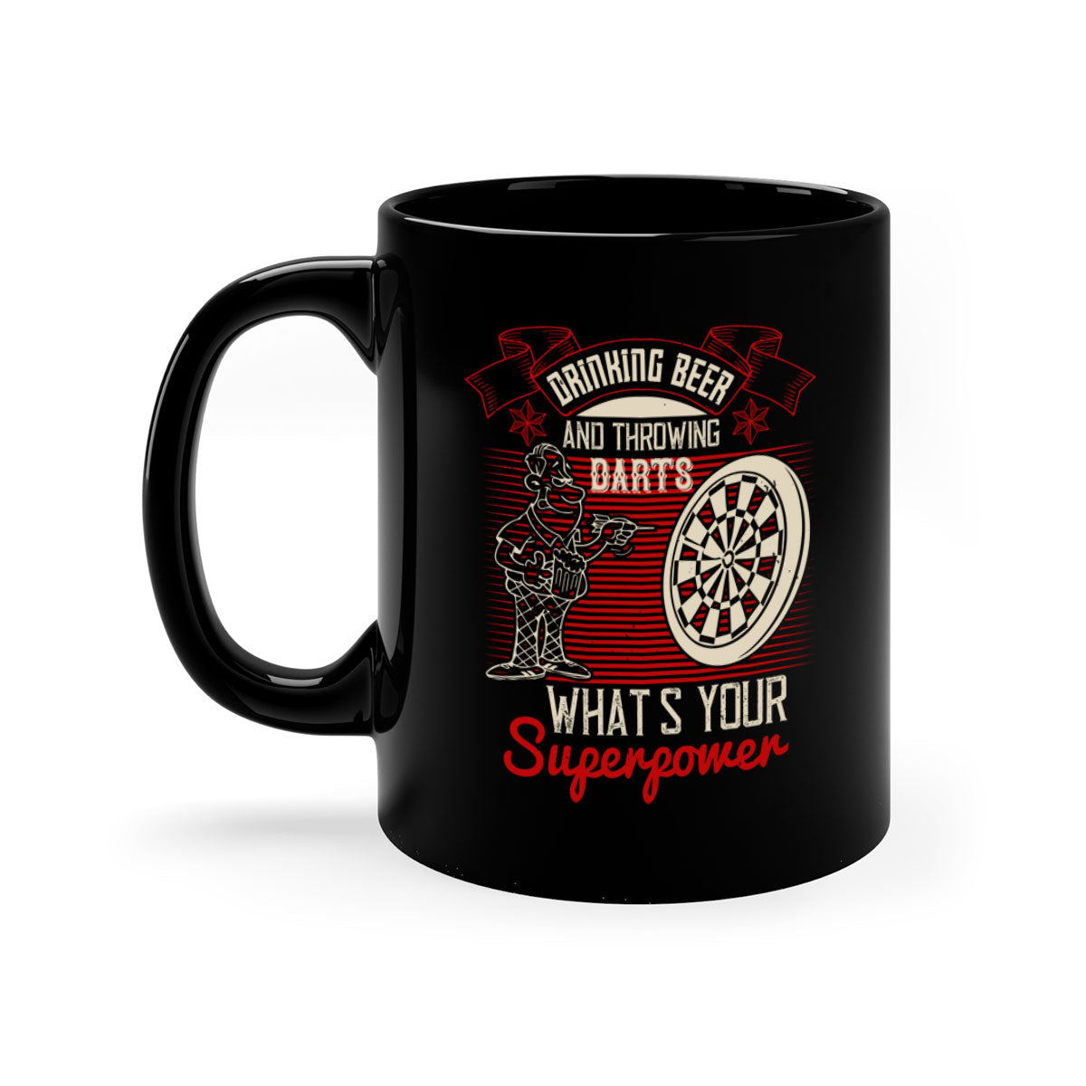 Ceramic mug with a glossy finish featuring a colorful handle and interior, designed for coffee, tea, and beer, showcasing a fun darts theme.