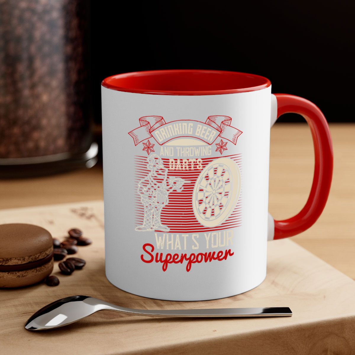 Ceramic mug with a glossy finish featuring a colorful handle and interior, designed for coffee, tea, and beer, showcasing a fun darts theme.