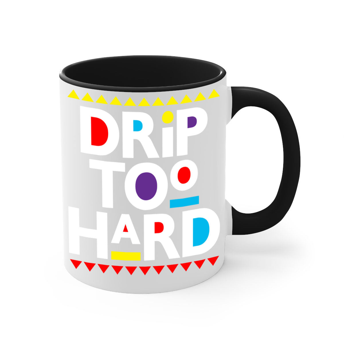 Drip Too Hard 163# Mug featuring black phrases on a glossy two-tone design with a colored handle.
