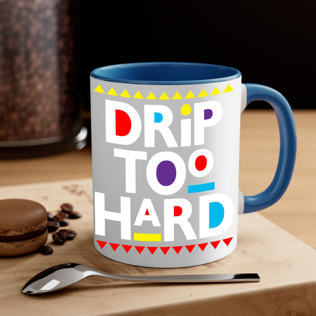 Drip Too Hard 163# Mug featuring black phrases on a glossy two-tone design with a colored handle.