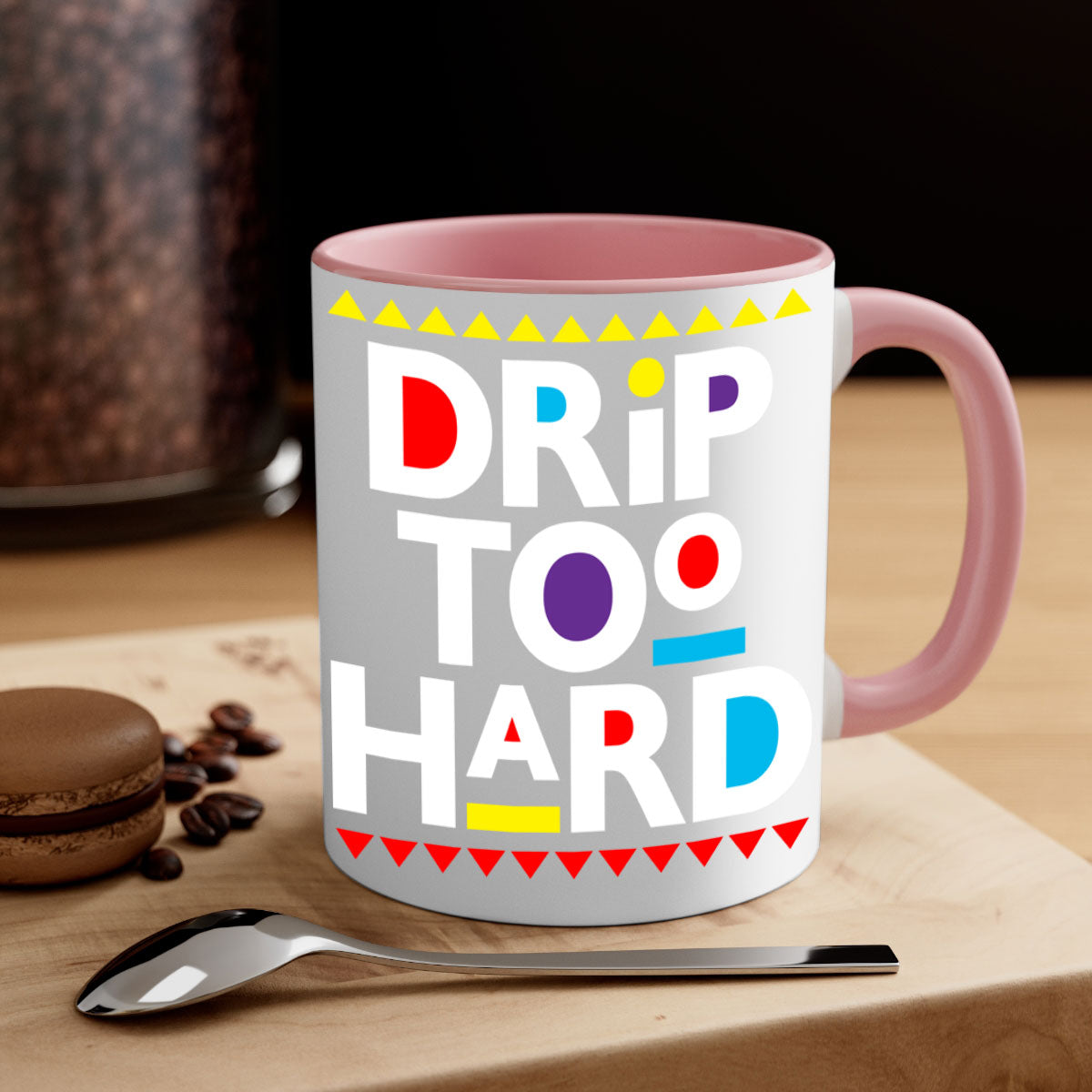 Drip Too Hard 163# Mug featuring black phrases on a glossy two-tone design with a colored handle.