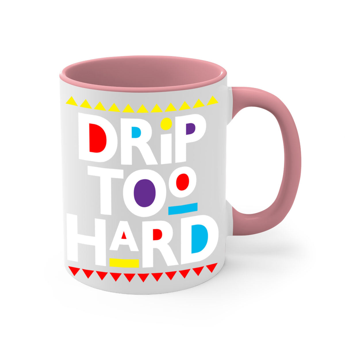 Drip Too Hard 163# Mug featuring black phrases on a glossy two-tone design with a colored handle.