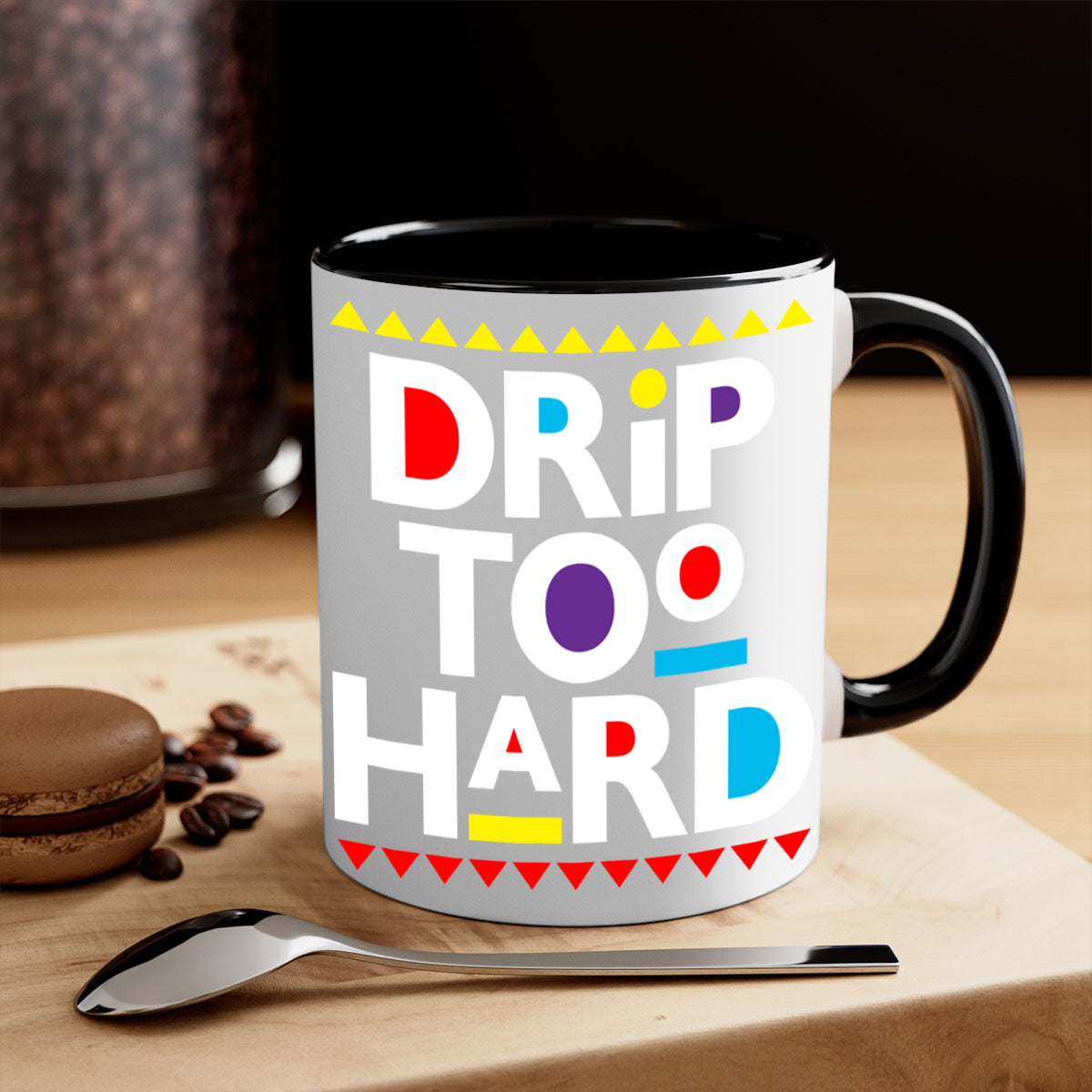 Drip Too Hard 163# Mug featuring black phrases on a glossy two-tone design with a colored handle.