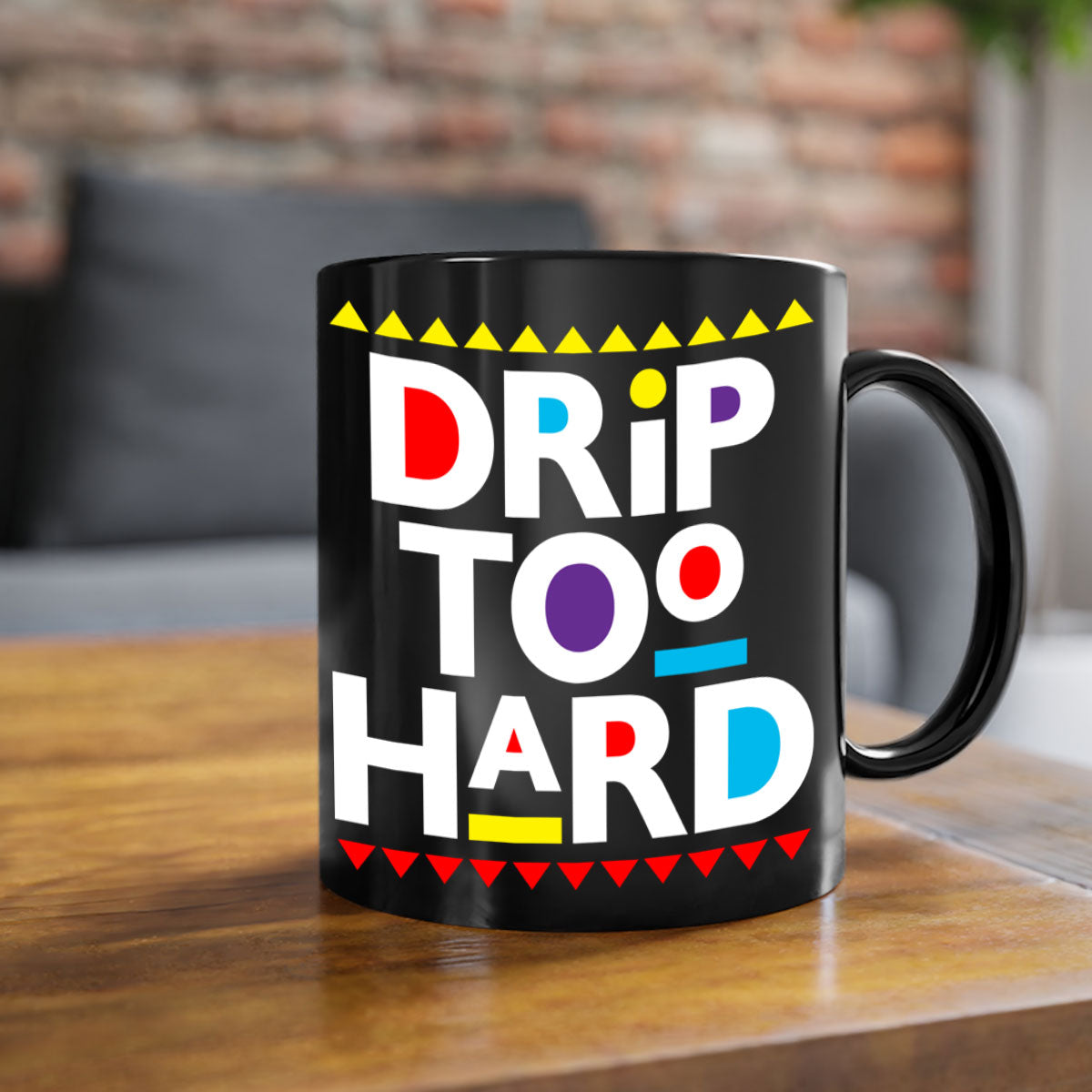 Drip Too Hard 163# Mug featuring black phrases on a glossy two-tone design with a colored handle.