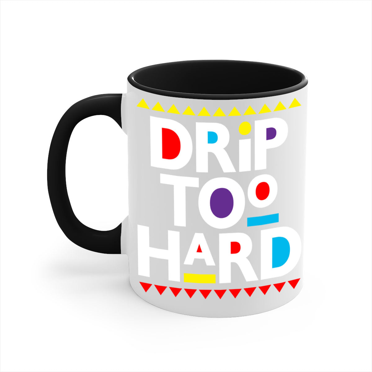 Drip Too Hard 163# Mug featuring black phrases on a glossy two-tone design with a colored handle.