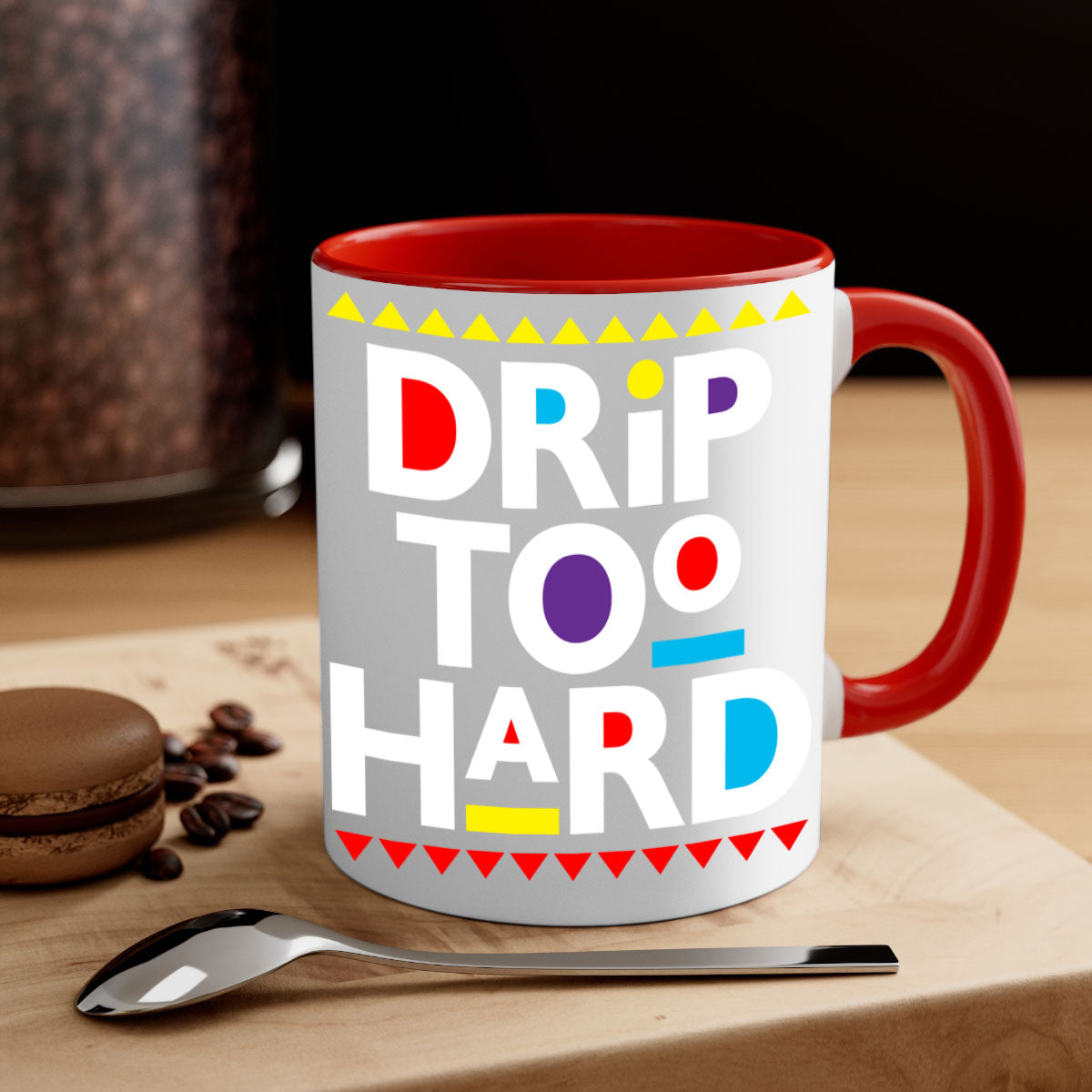 Drip Too Hard 163# Mug featuring black phrases on a glossy two-tone design with a colored handle.
