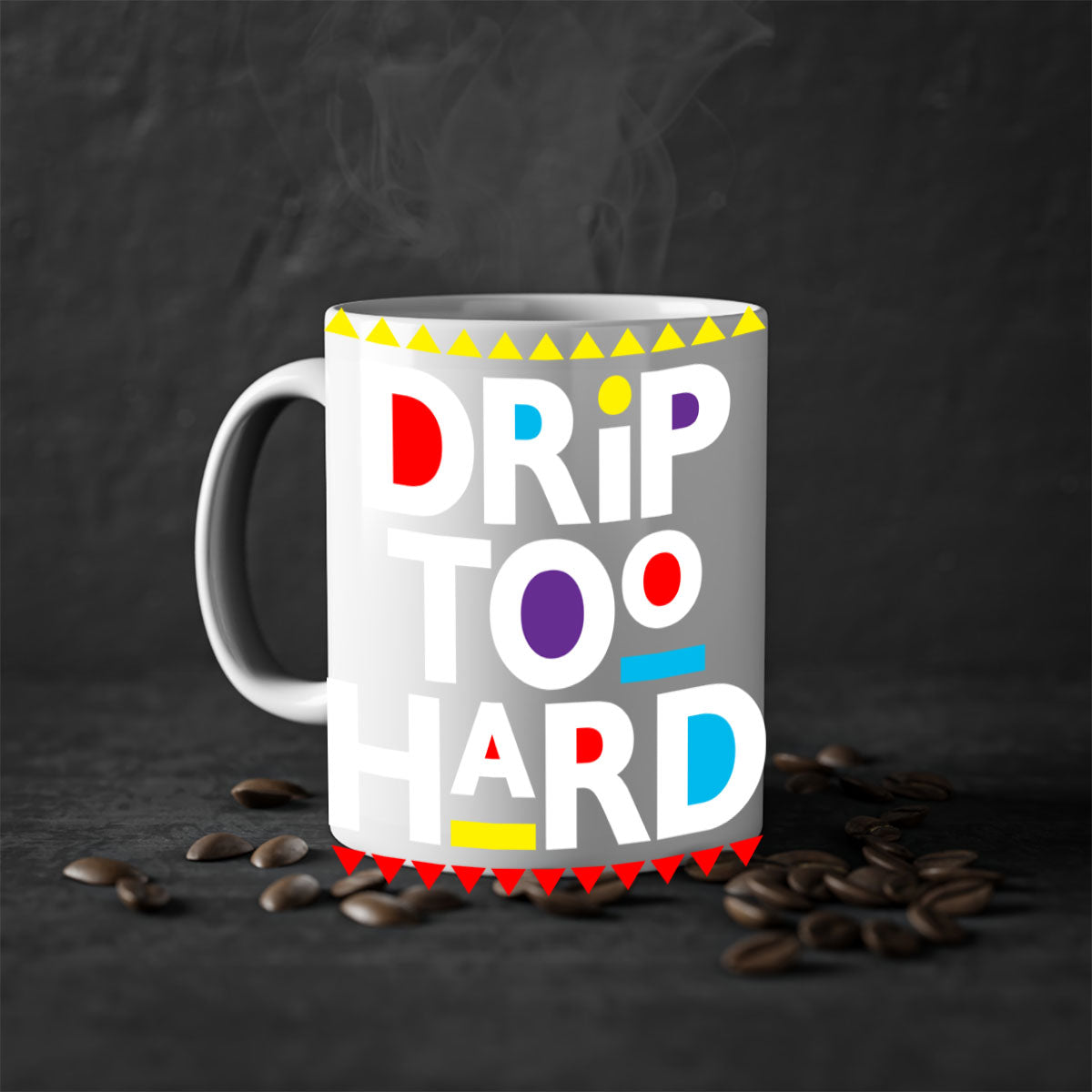 Drip Too Hard 163# Mug featuring black phrases on a glossy two-tone design with a colored handle.