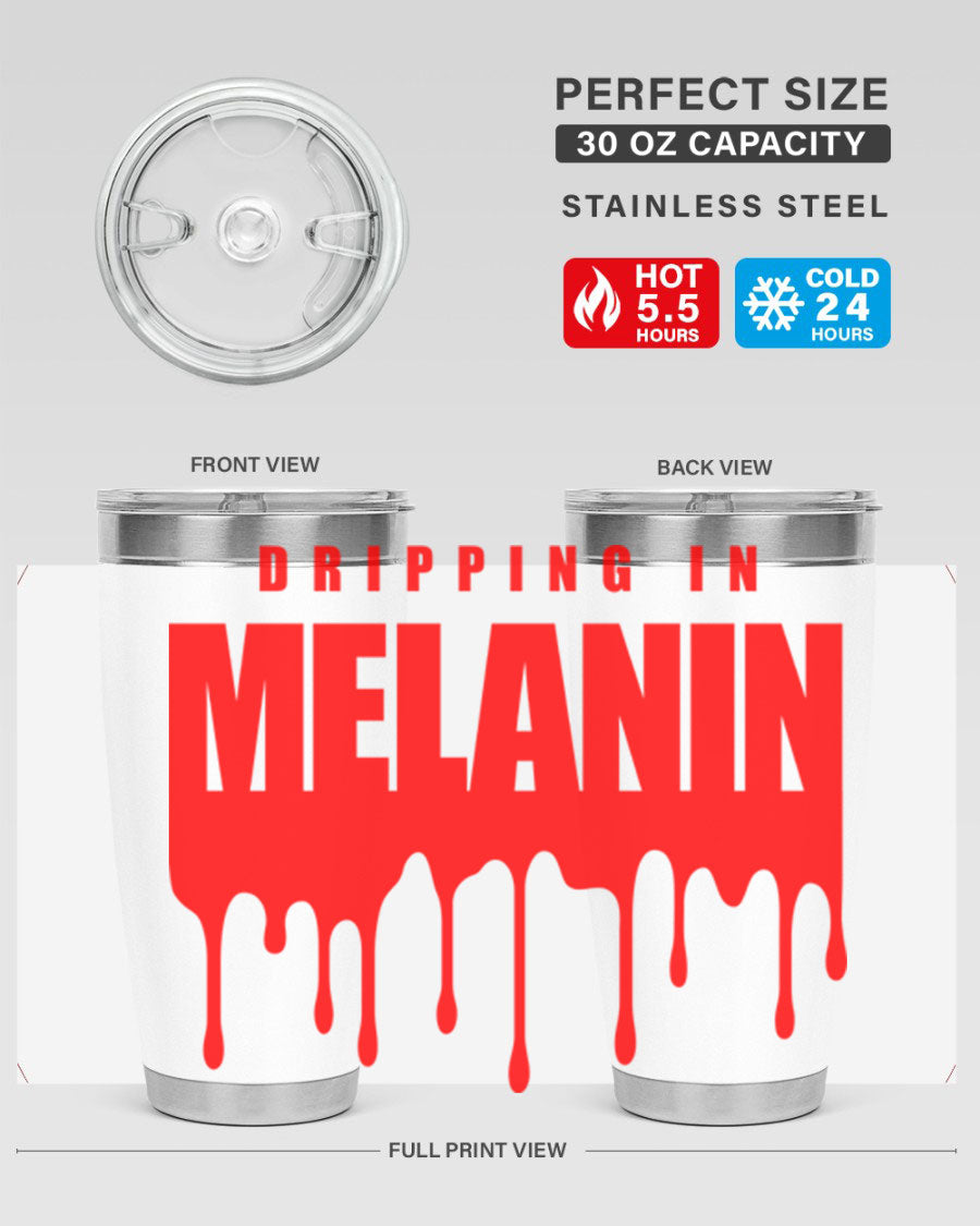 Dripping in Melanin Cotton Tank featuring bold black words and phrases, showcasing pride and style.