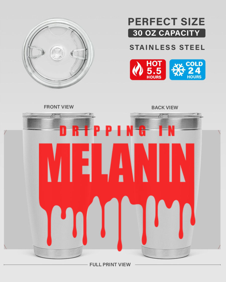 Dripping in Melanin Cotton Tank featuring bold black words and phrases, showcasing pride and style.