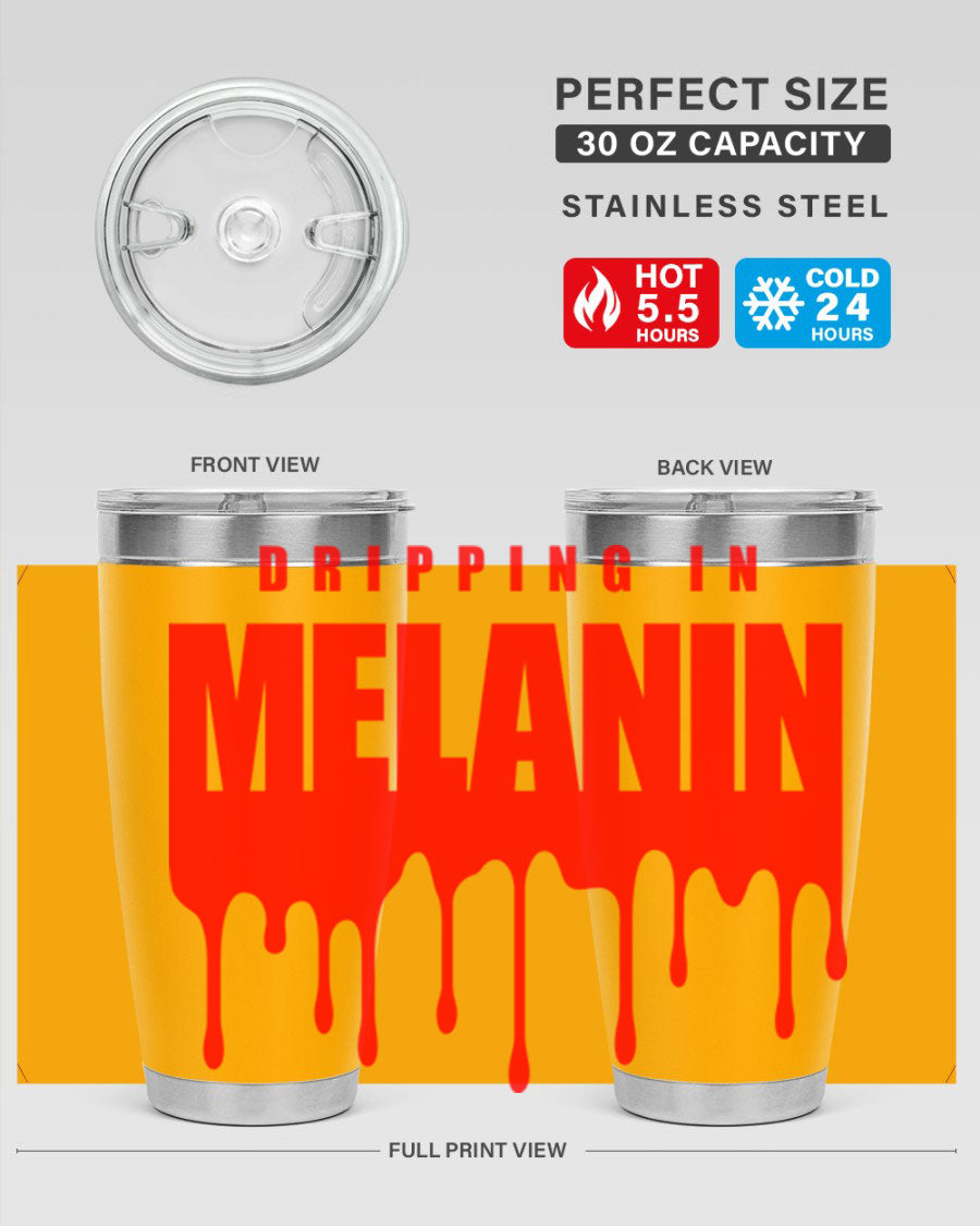 Dripping in Melanin Cotton Tank featuring bold black words and phrases, showcasing pride and style.