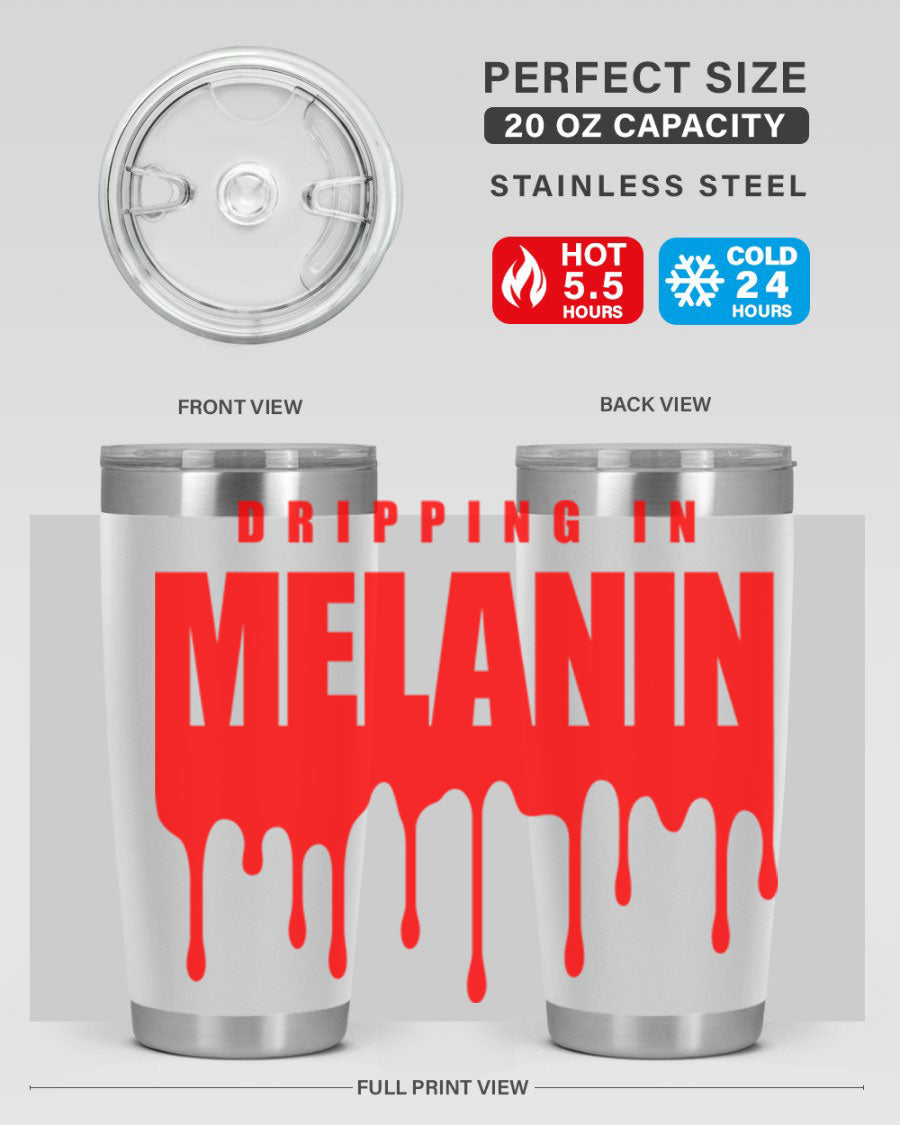 Dripping in Melanin Cotton Tank featuring bold black words and phrases, showcasing pride and style.