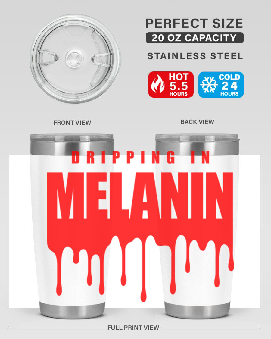 Dripping in Melanin Cotton Tank featuring bold black words and phrases, showcasing pride and style.