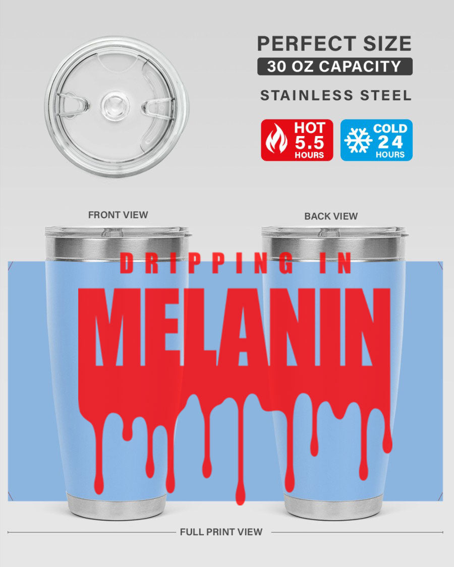 Dripping in Melanin Cotton Tank featuring bold black words and phrases, showcasing pride and style.