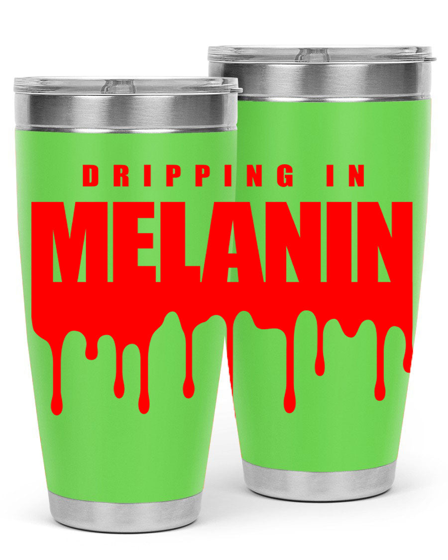 Dripping in Melanin Cotton Tank featuring bold black words and phrases, showcasing pride and style.