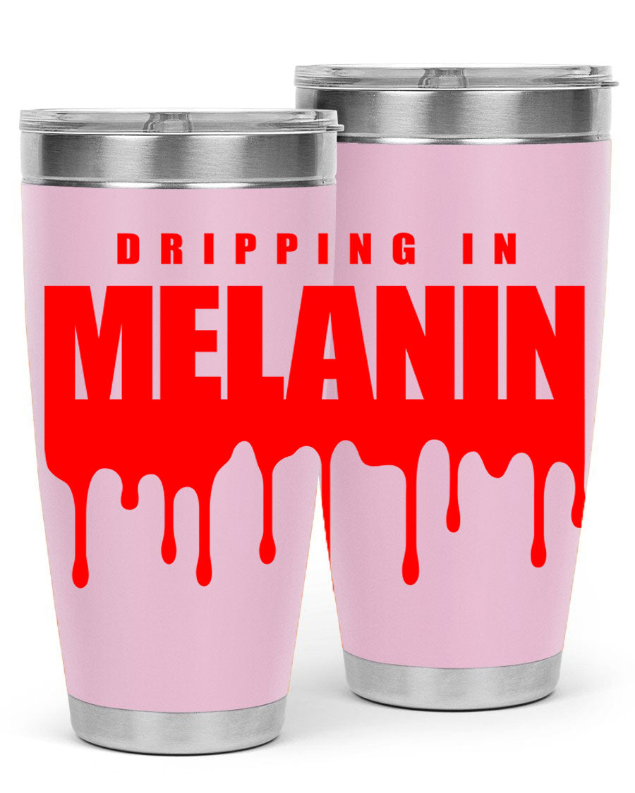 Dripping in Melanin Cotton Tank featuring bold black words and phrases, showcasing pride and style.