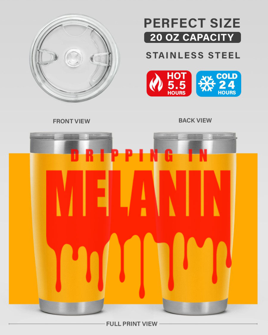 Dripping in Melanin Cotton Tank featuring bold black words and phrases, showcasing pride and style.