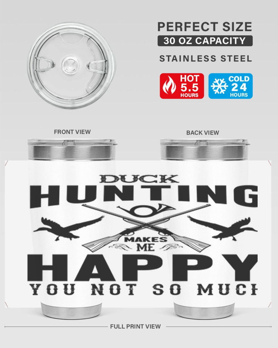 Duck hunting tumbler in stainless steel with a drink-thru lid, showcasing its sleek design and durable construction.