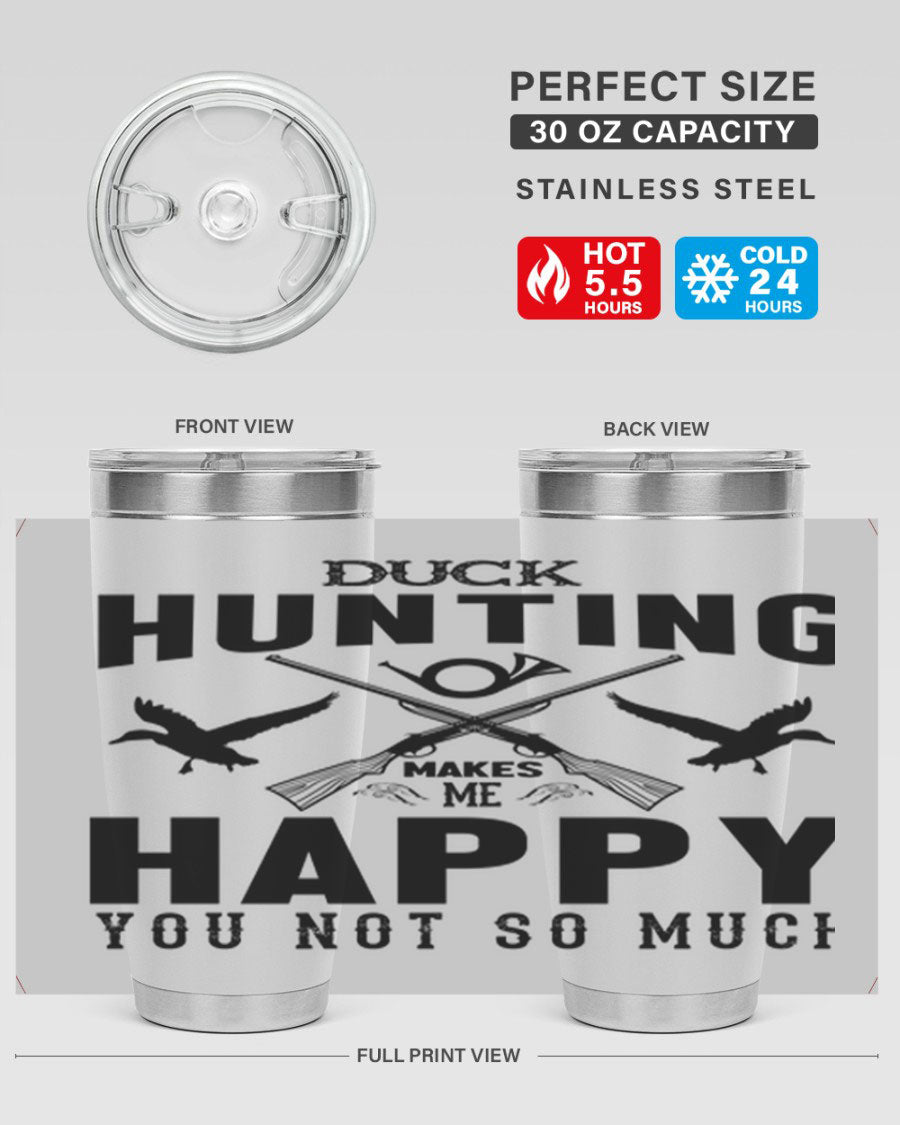 Duck hunting tumbler in stainless steel with a drink-thru lid, showcasing its sleek design and durable construction.