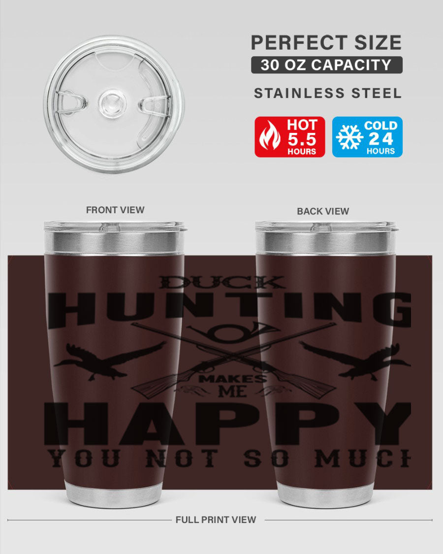 Duck hunting tumbler in stainless steel with a drink-thru lid, showcasing its sleek design and durable construction.