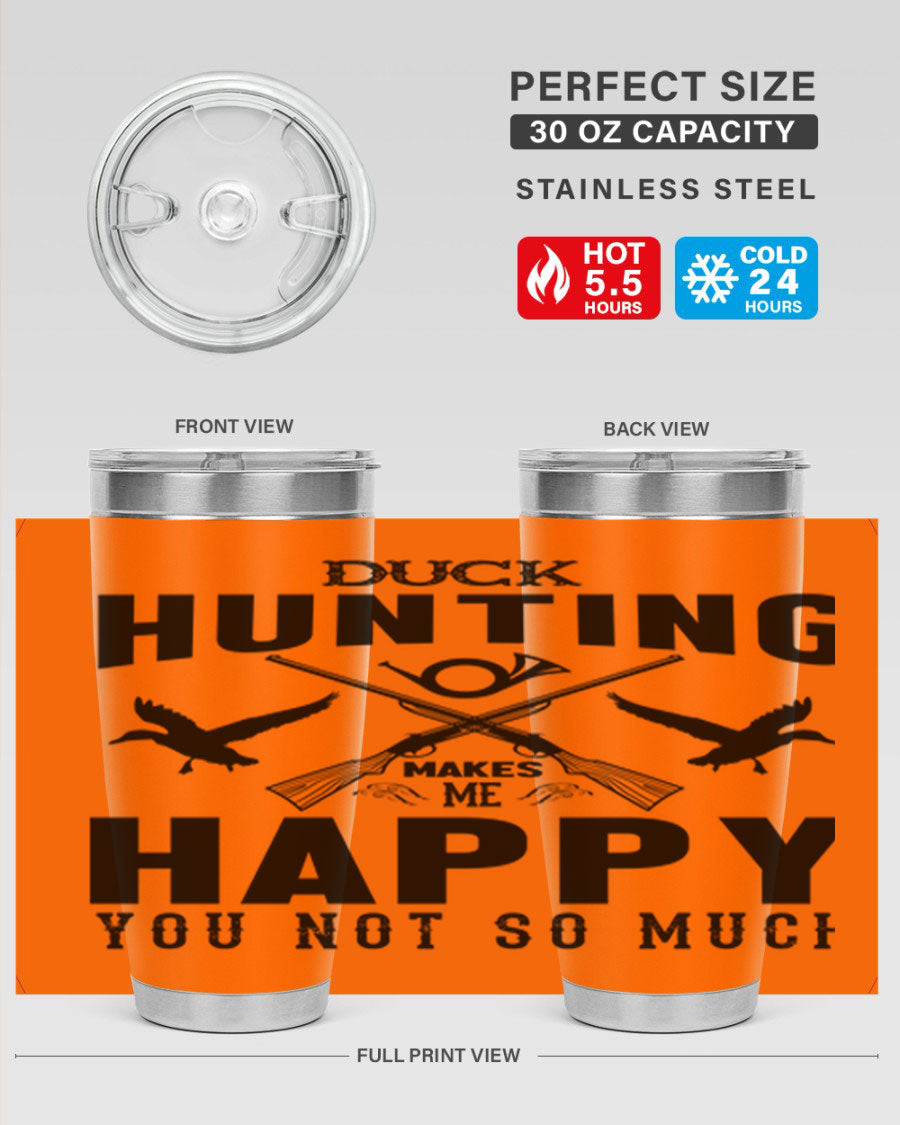 Duck hunting tumbler in stainless steel with a drink-thru lid, showcasing its sleek design and durable construction.