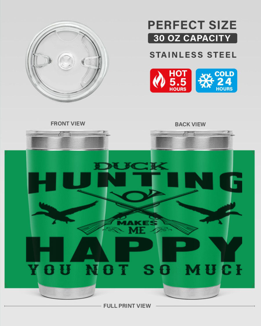 Duck hunting tumbler in stainless steel with a drink-thru lid, showcasing its sleek design and durable construction.