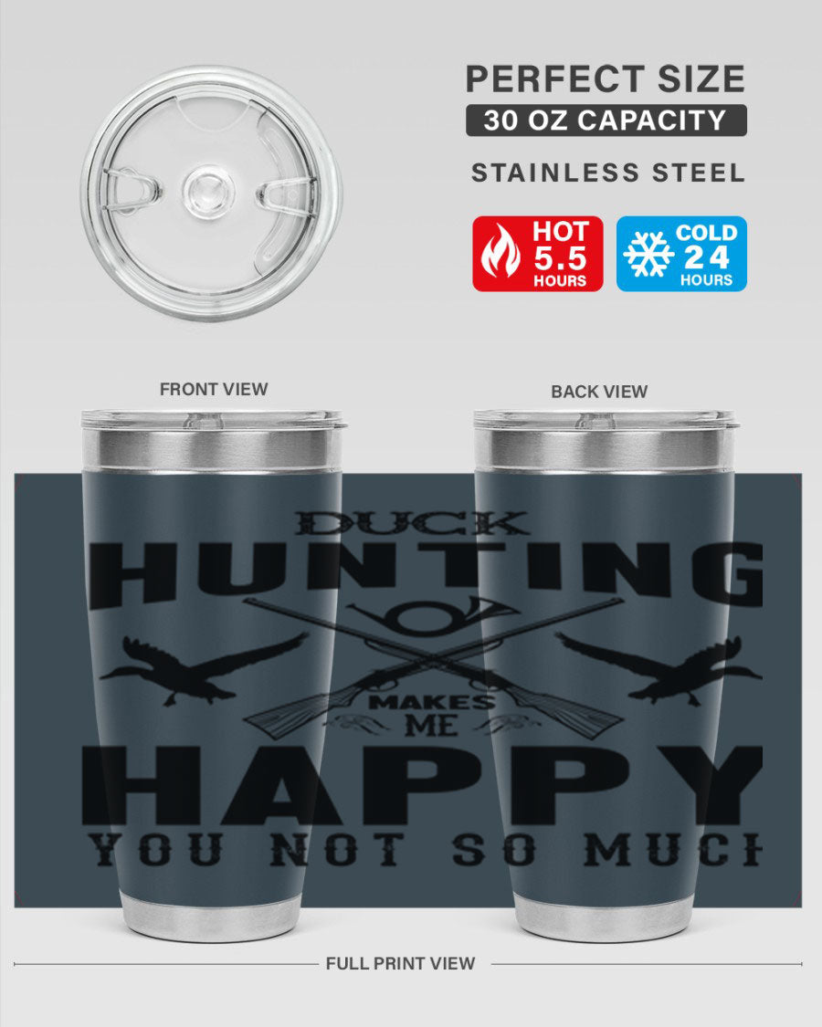 Duck hunting tumbler in stainless steel with a drink-thru lid, showcasing its sleek design and durable construction.