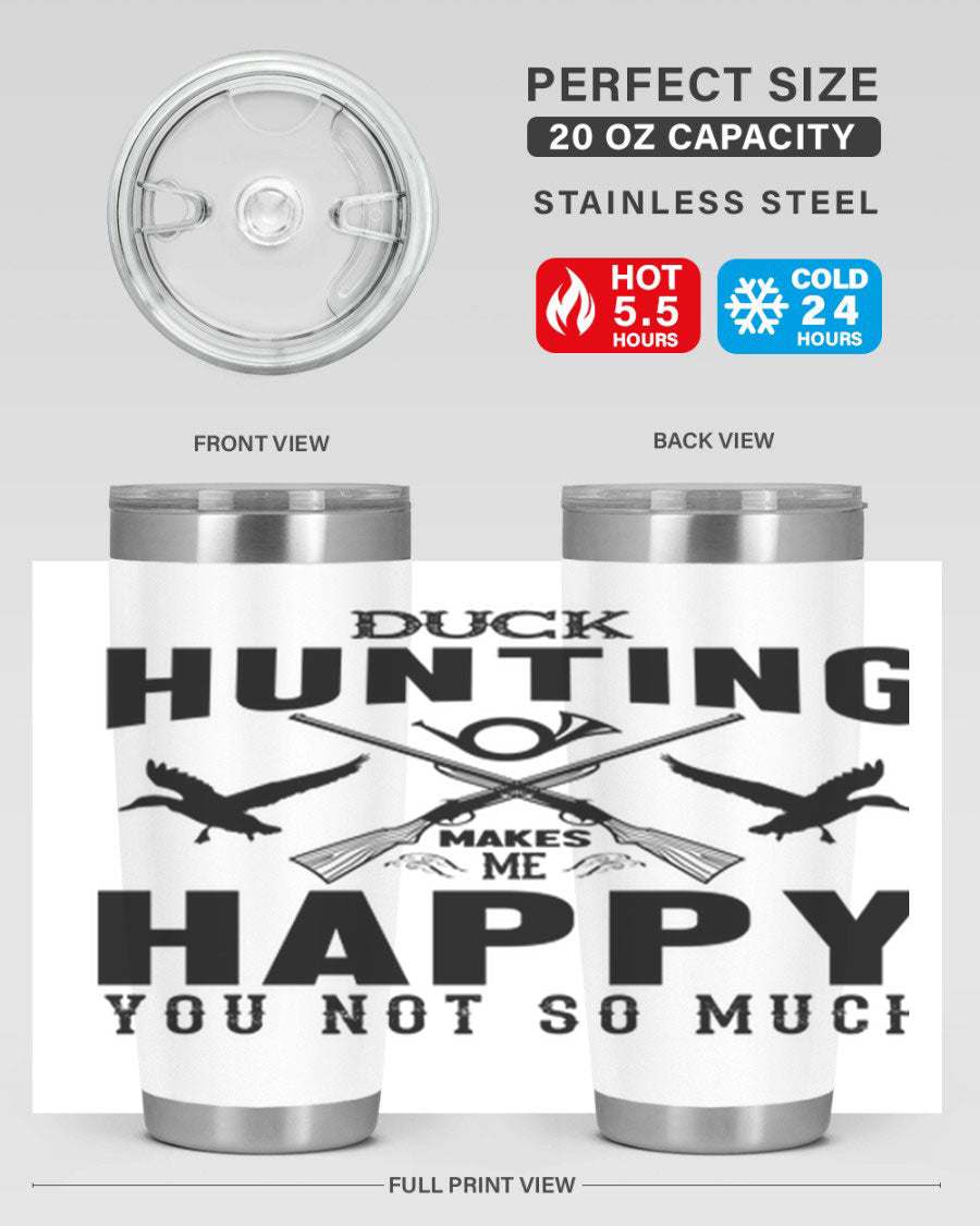 Duck hunting tumbler in stainless steel with a drink-thru lid, showcasing its sleek design and durable construction.